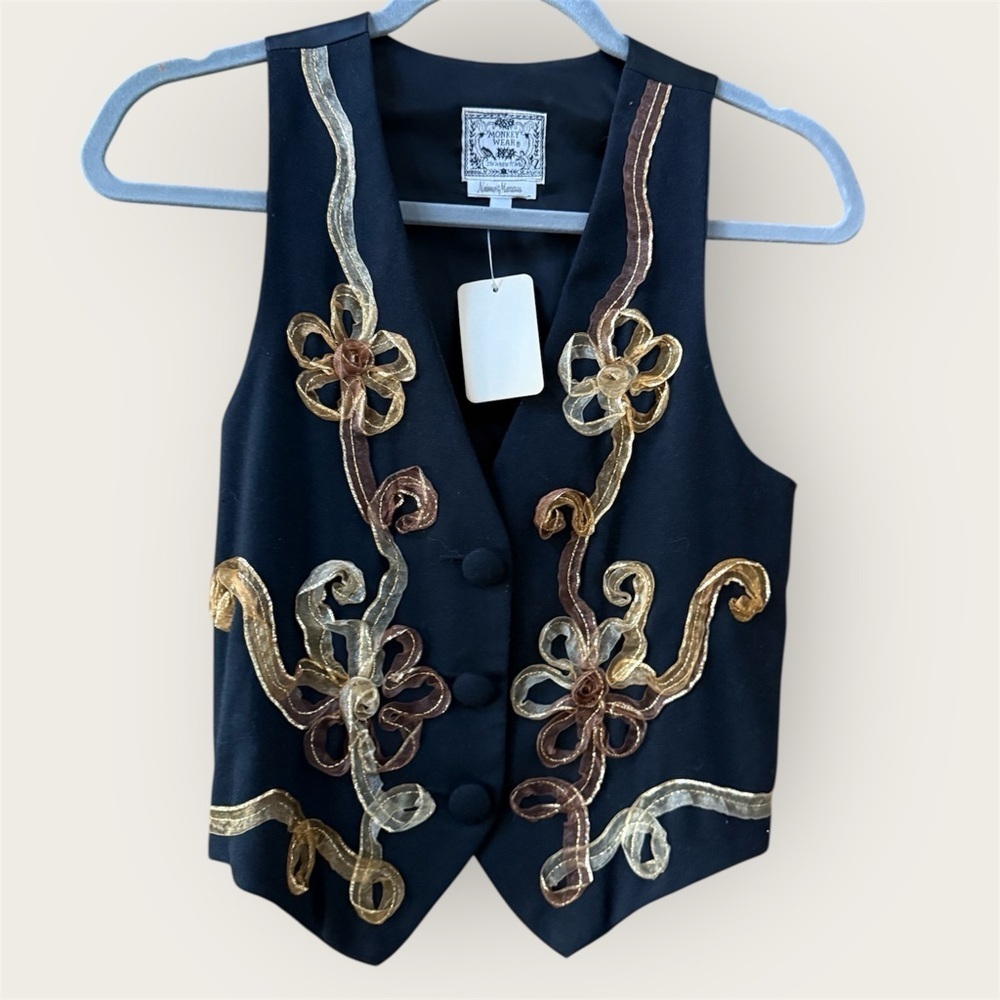 Vintage Monkey Wesr Neiman Marcus Black Vest with 3D Floral Design women’s 12